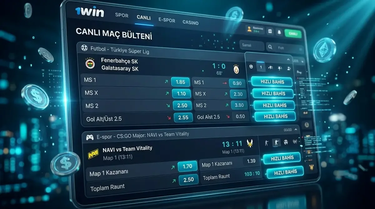 1win canlı bahis ekranı ve e-spor bülteninden bir görünüm